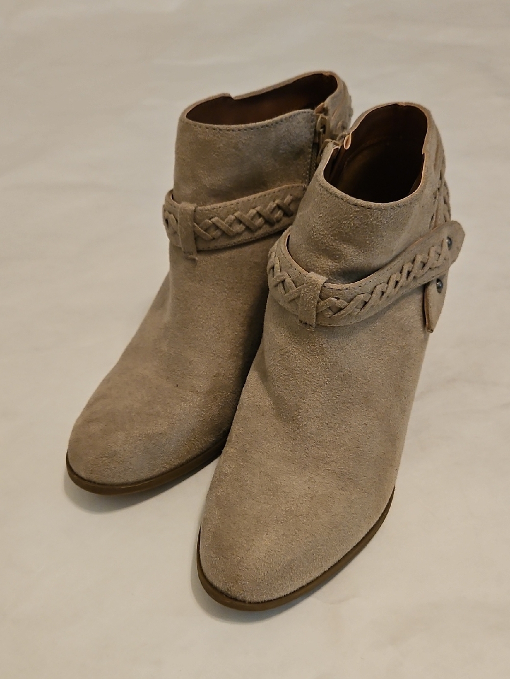 Indigo Taupe Suede Braided Strap Ankle Booties